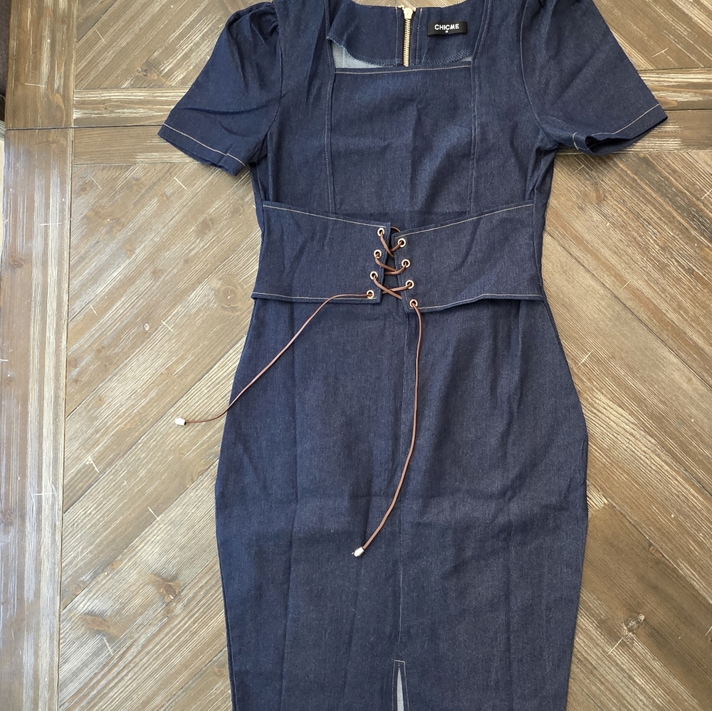 Denim Dress With Lace-Up Detail